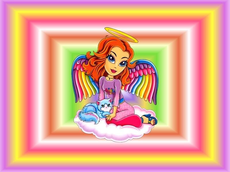angel girl with cat on cloud