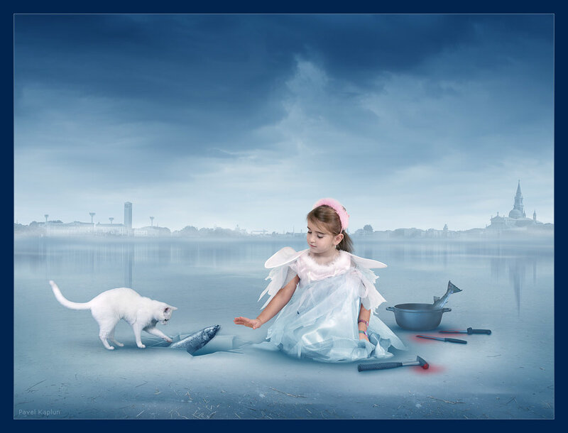 Angel girl with cat on ice