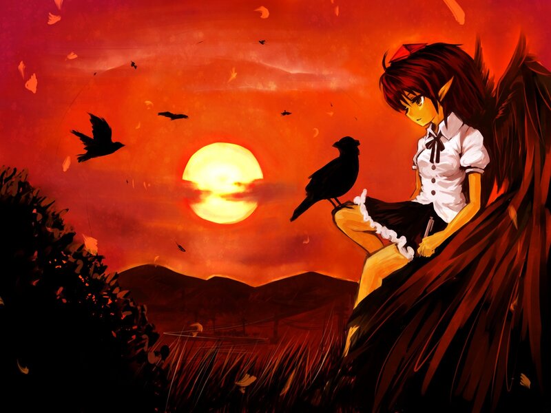 angel girl with crow at sunset