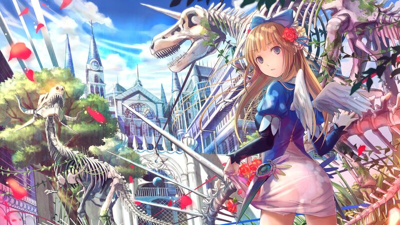 angel girl with dinosaur skeletons