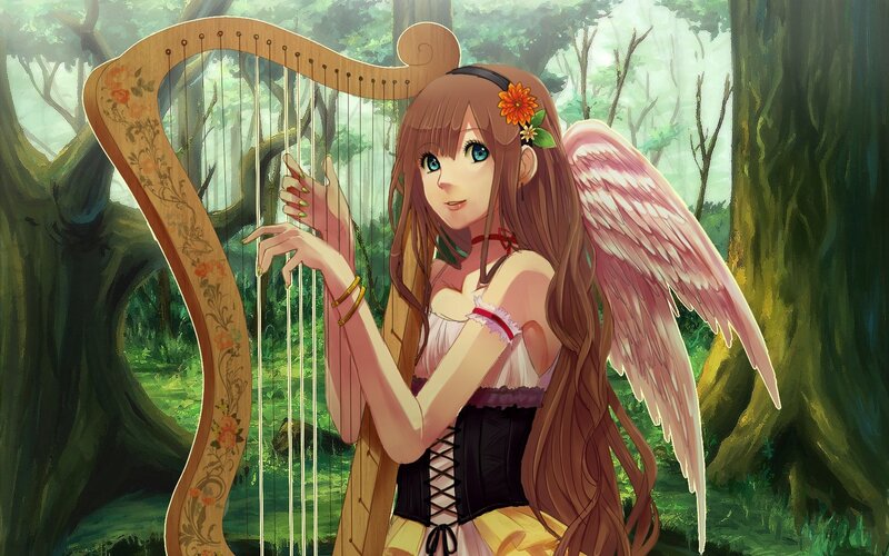angel girl with harp in forest