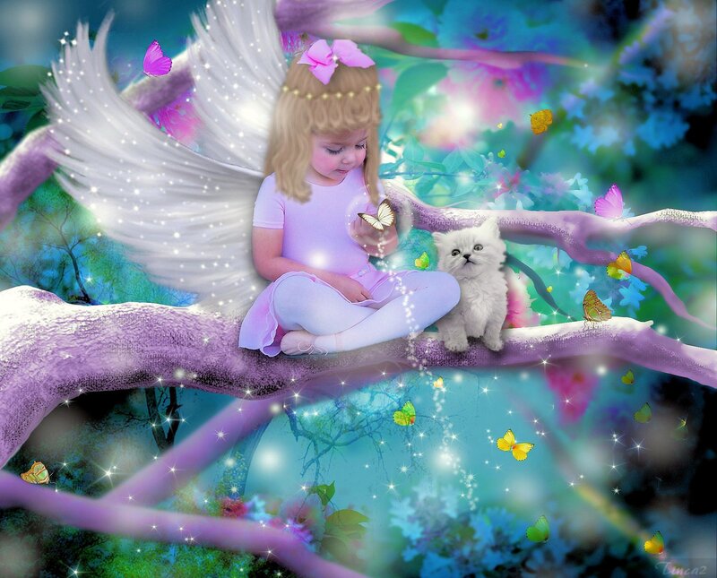 Angel Girl with Kitten — Purple