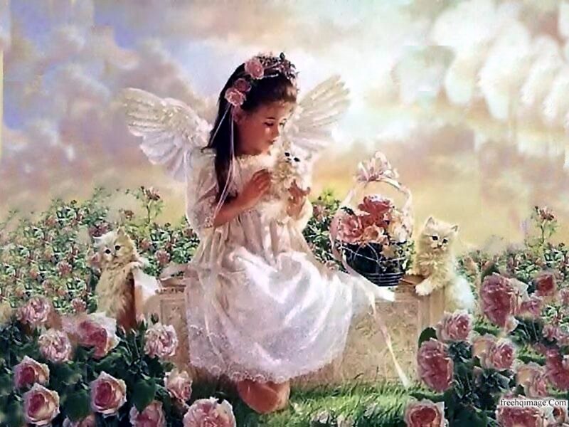Angel Girl with Kittens — White