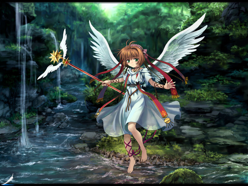 angel girl with staff in forest