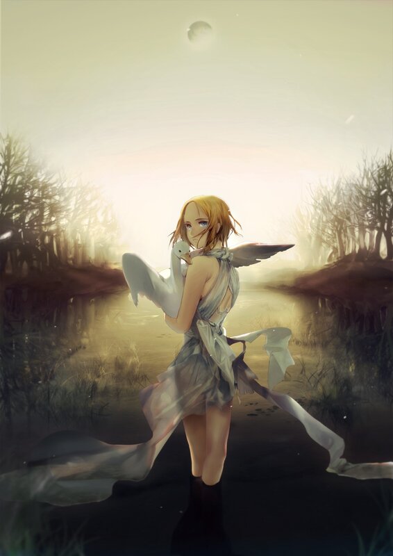 Angel girl with swan in marsh