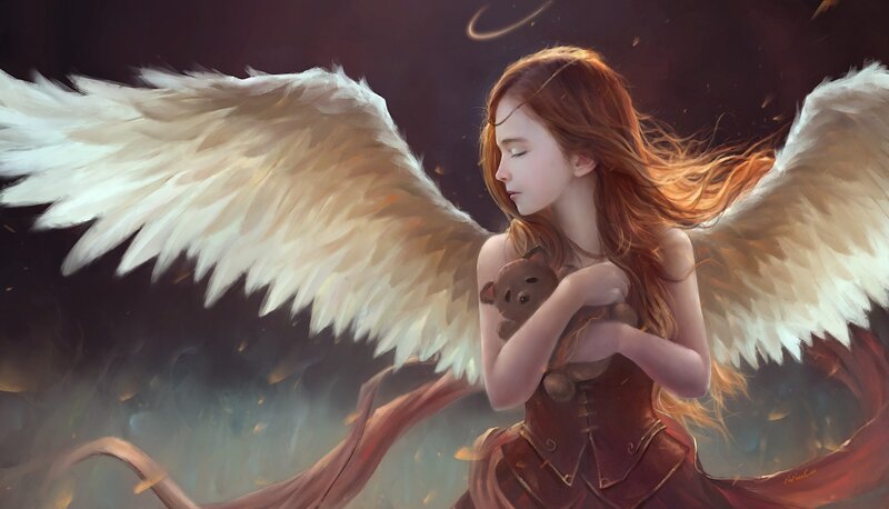Angel Girl with Teddy Bear — White