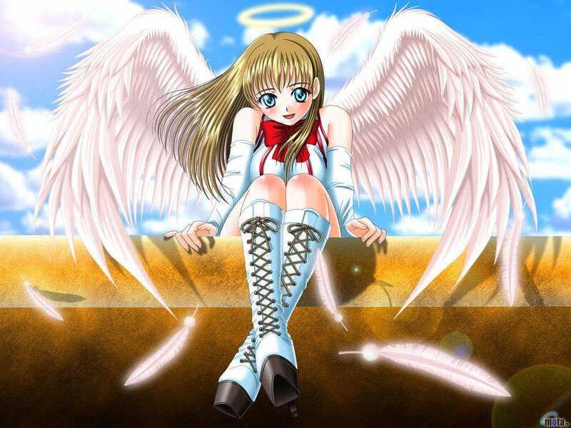 Angel Girl with Wings — Blue, Serene, Afternoon, Anime, Feathers