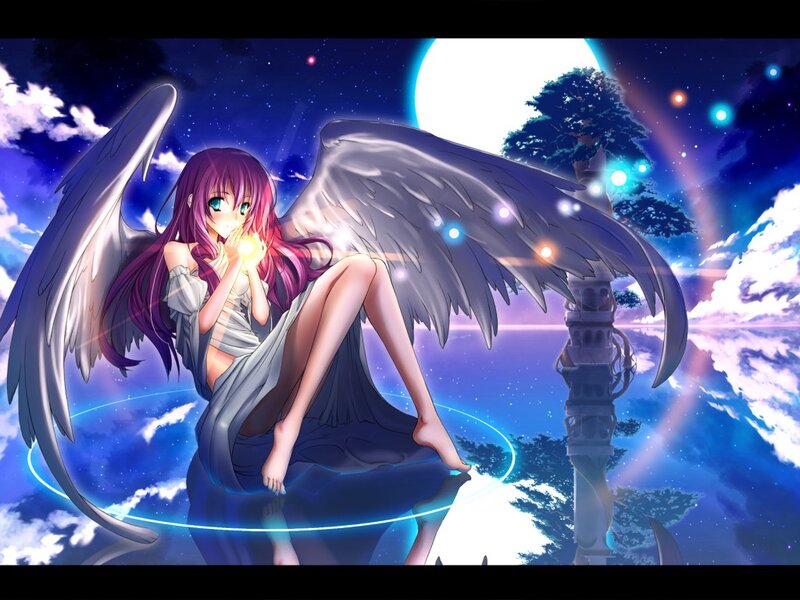 Angel Girl with Wings — Blue, Serene, Night, Anime