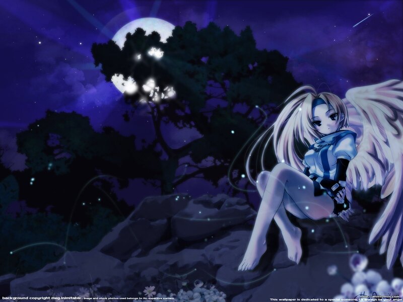Angel Girl with Wings — Purple, Serene, Night, Anime