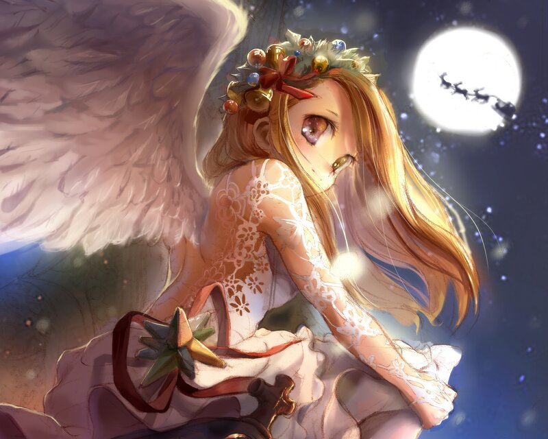 Angel Girl with Wings — White, Serene, Night, Digital Art