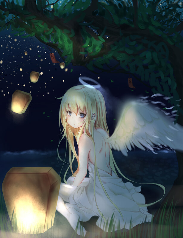 Angel Girl with Wings — White, Serene, Night, Digital Art, Tree
