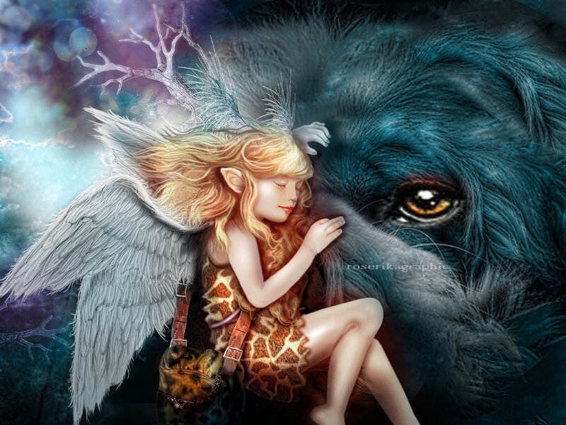 Angel Girl with Wolf — Blue