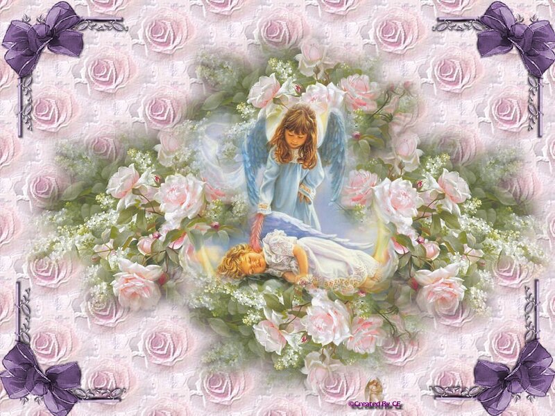 Angel guardian with sleeping child