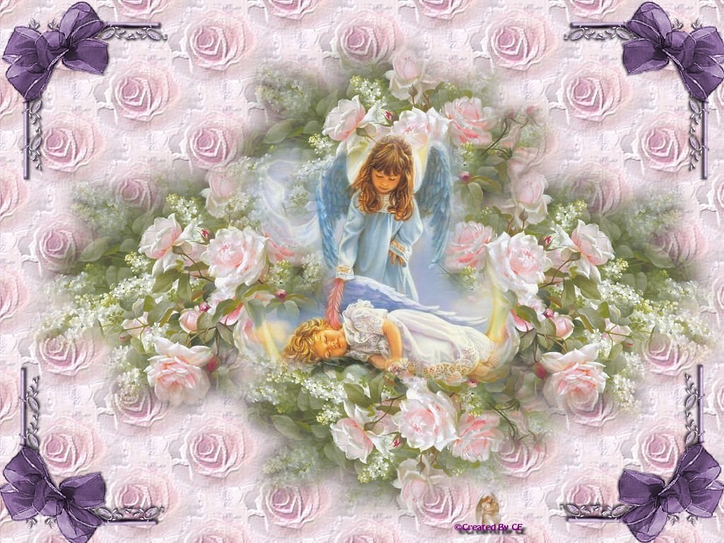Angel guardian with sleeping child