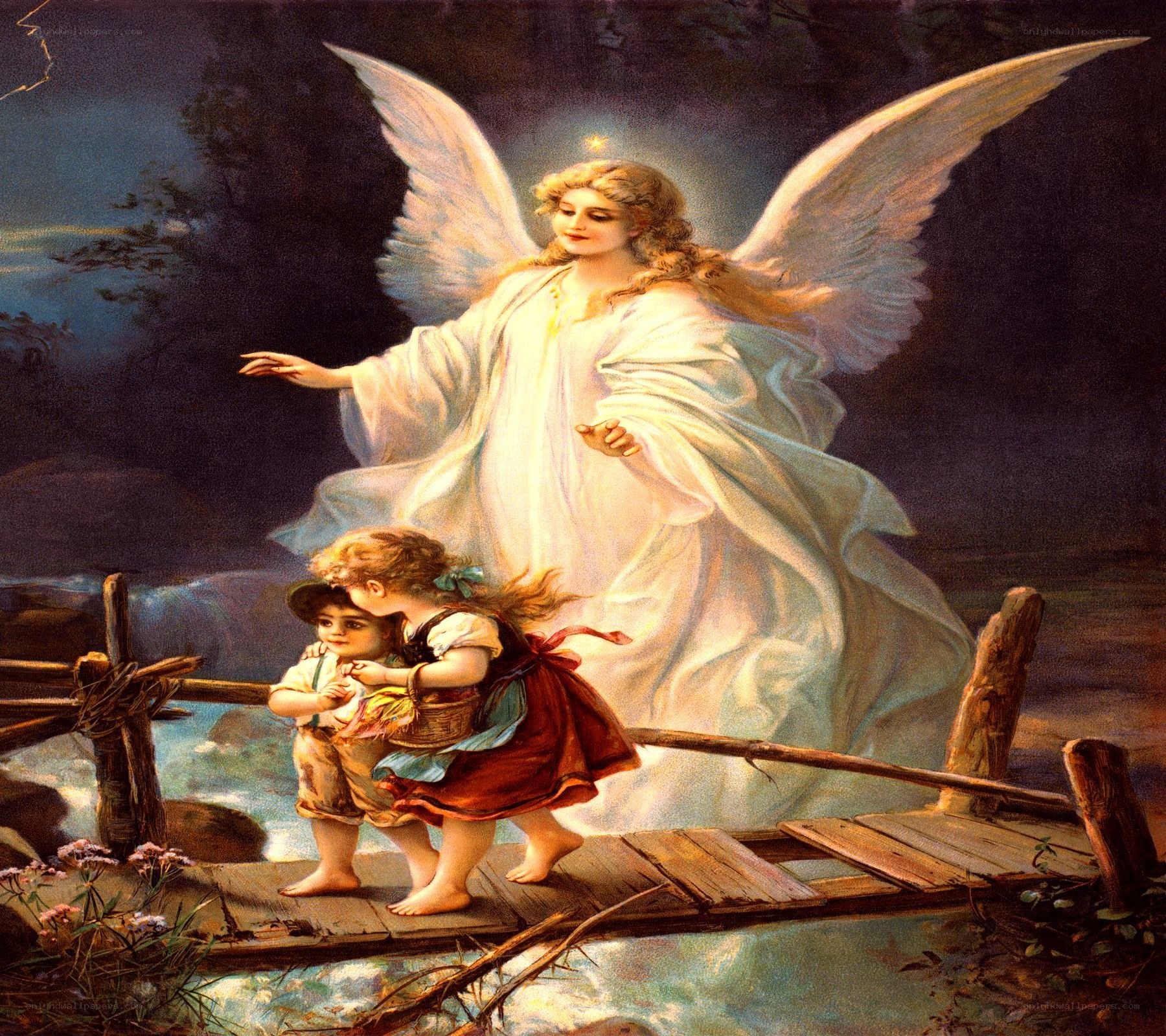 Angel guiding children across a bridge