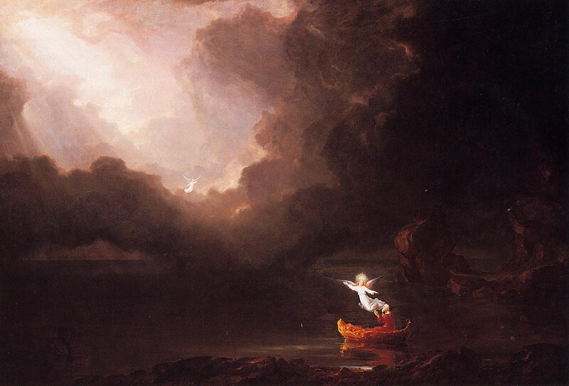 Angel guiding souls across water