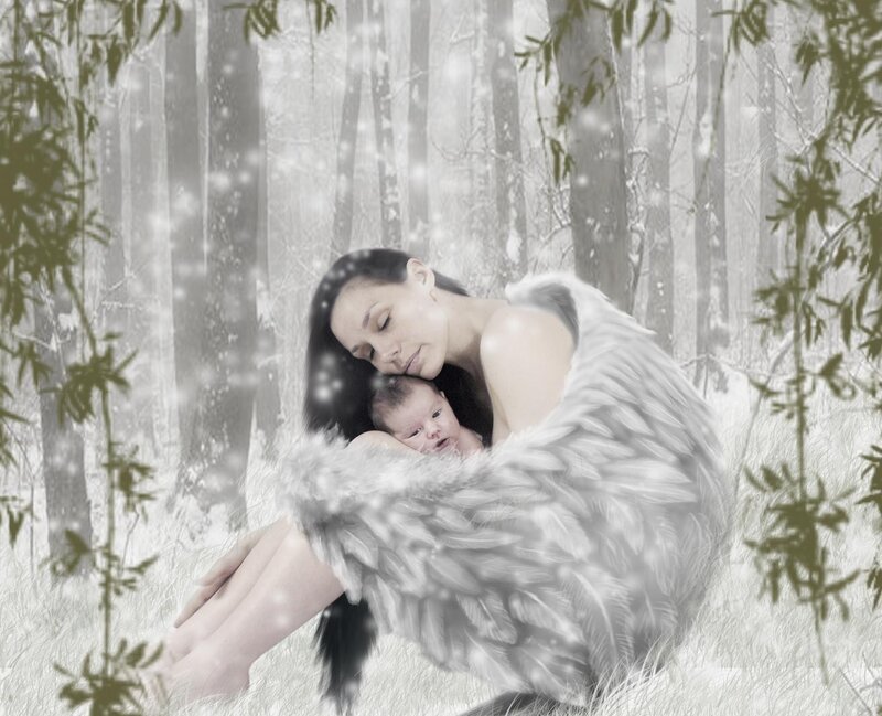 Angel Holding Baby — White, Serene, Winter