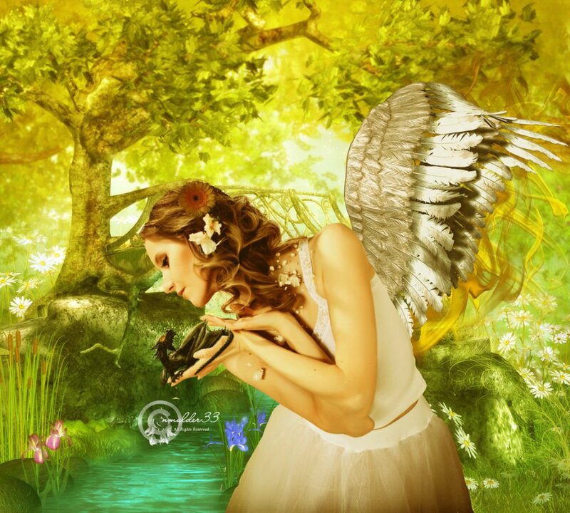 Angel Holding Bird — Green, Serene