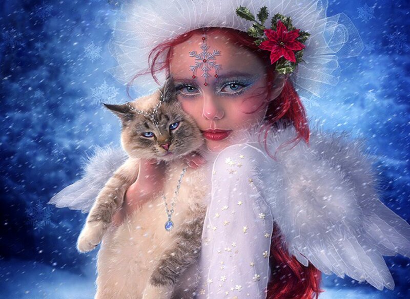 Angel Holding Cat — Blue