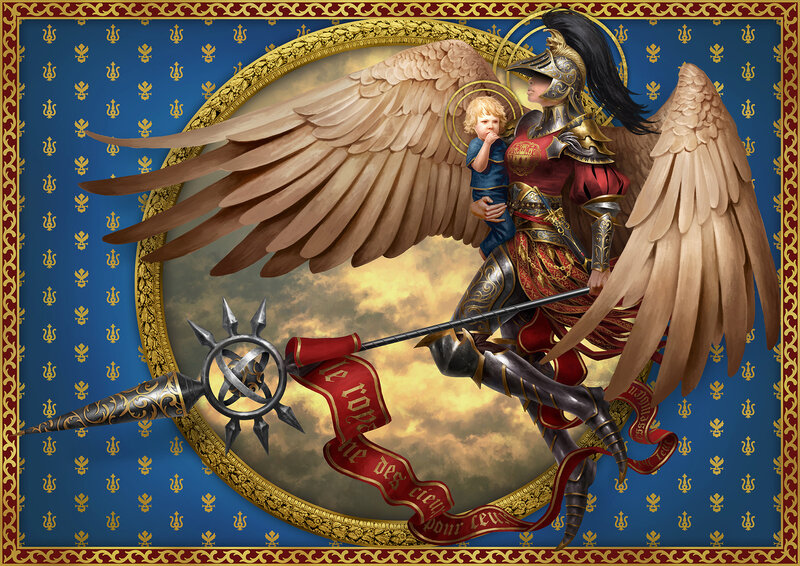 Angel Holding Child — Blue, Dramatic, Digital Art