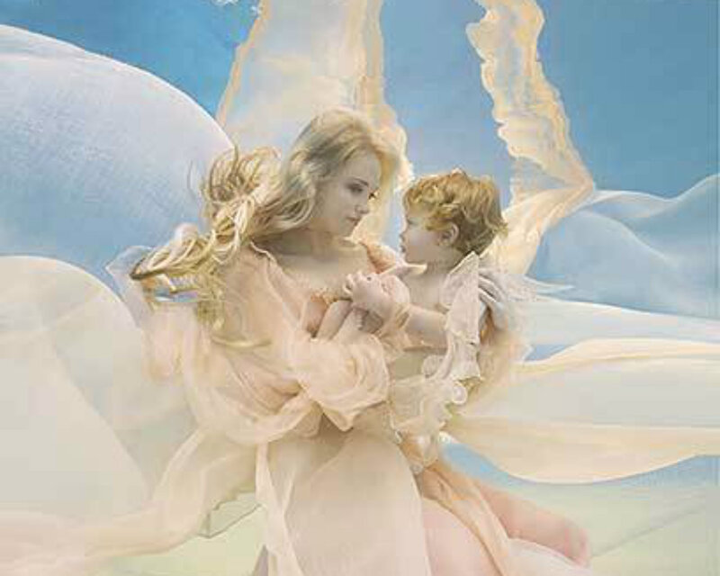 Angel Holding Child — Blue, Serene