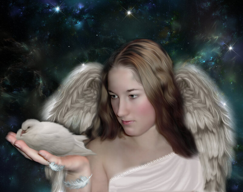 Angel Holding Dove — White, Serene, Night