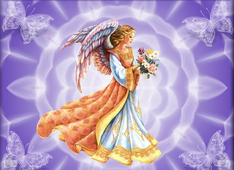 Angel Holding Flowers — Purple, Serene