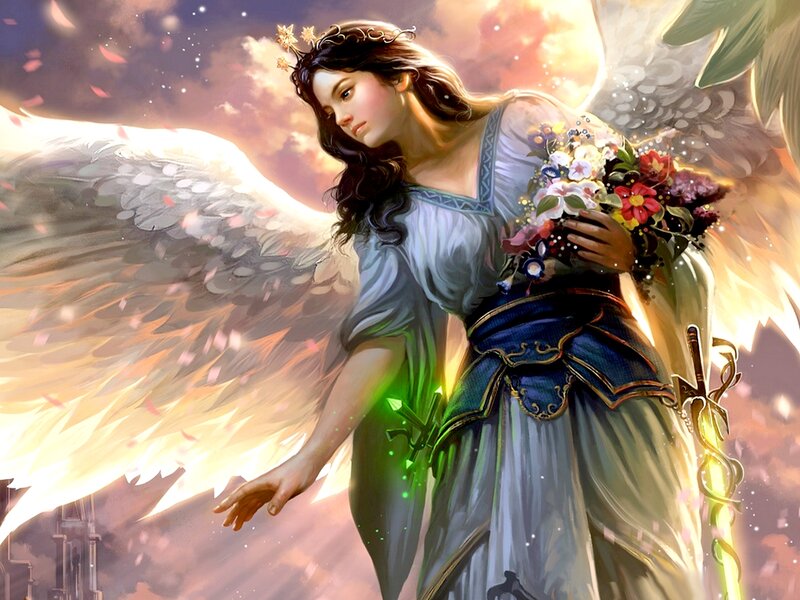 Angel Holding Flowers — White, Serene, Sunset, Digital Art