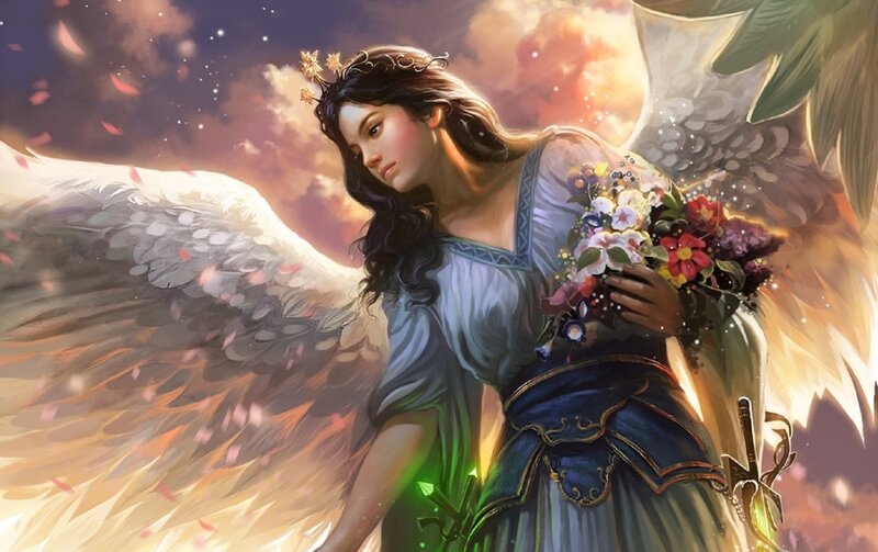 Angel Holding Flowers — White, Serene, Sunset