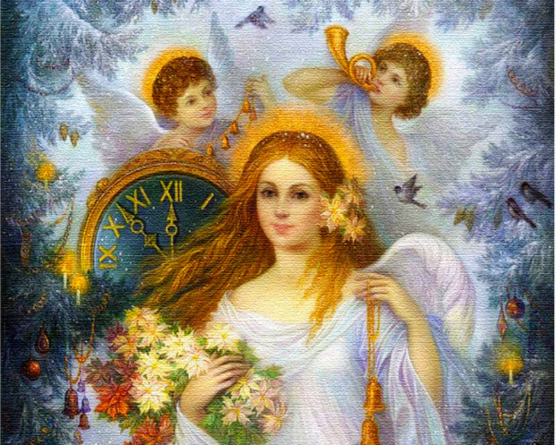 Angel Holding Flowers — White, Serene, Winter