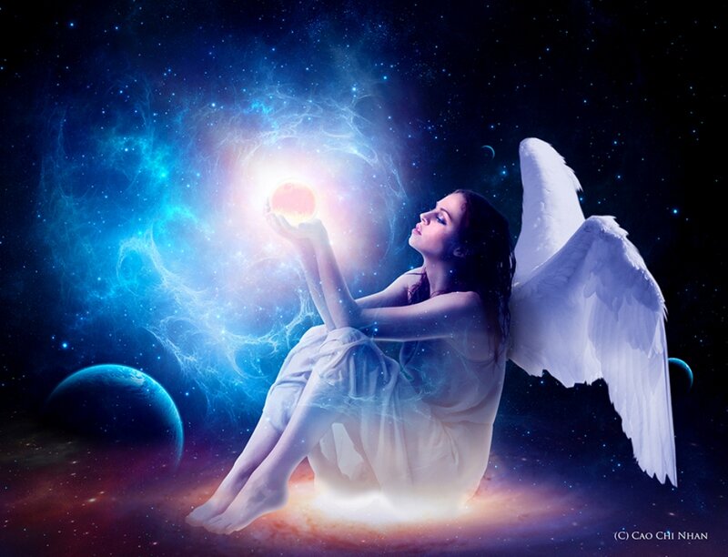 Angel Holding Glowing Orb — Blue