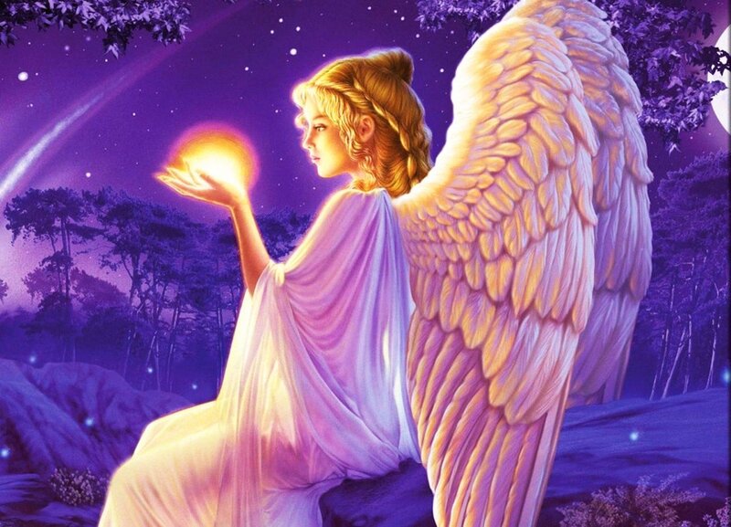 Angel Holding Glowing Orb — Purple, Serene, Night, Digital Art, Wings