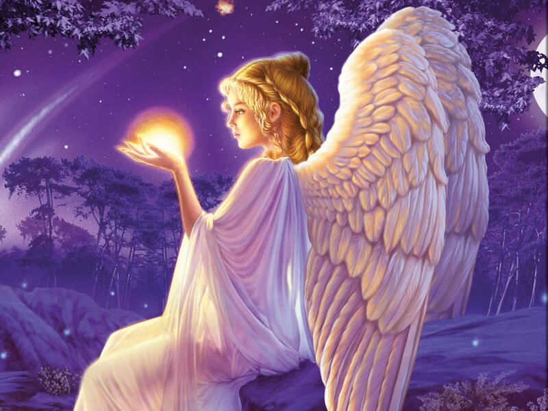 Angel Holding Glowing Orb — Purple, Serene, Night