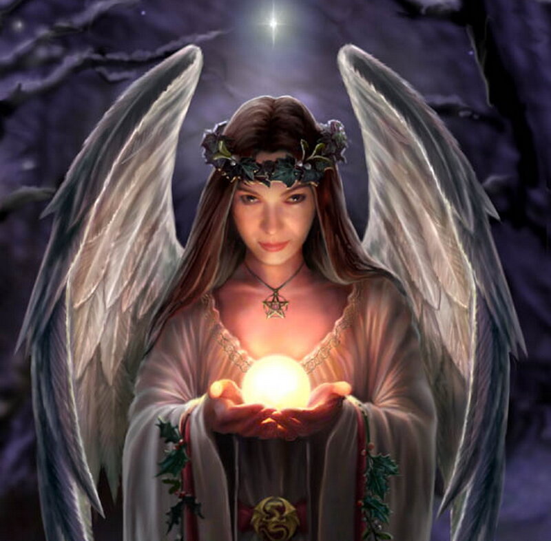 Angel Holding Glowing Orb — Purple, Serene