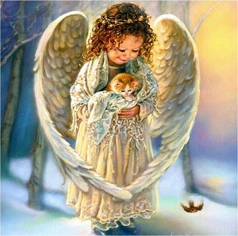 Angel Holding Kitten — White