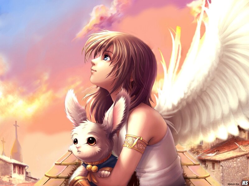 Angel Holding Rabbit — Pink, Serene