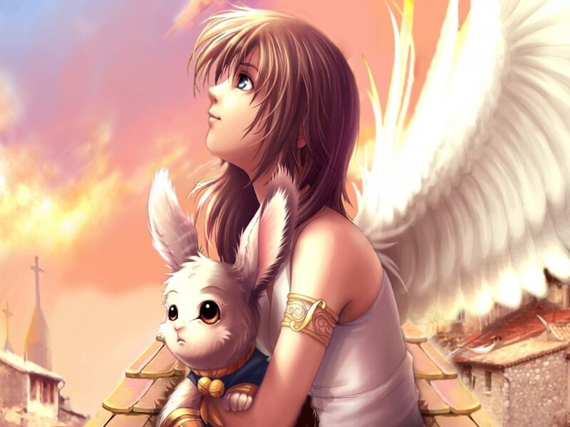 Angel Holding Rabbit — White