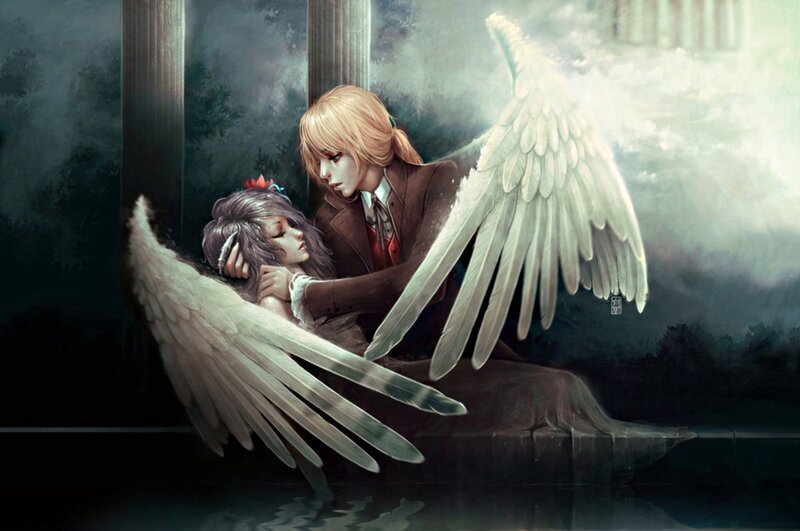 Angel Holding Woman — White, Dramatic