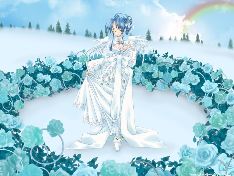Angel in a blue rose garden