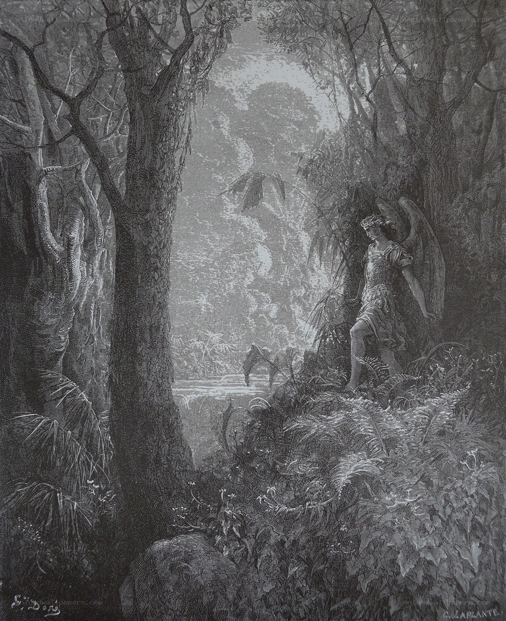 Angel in a dense forest