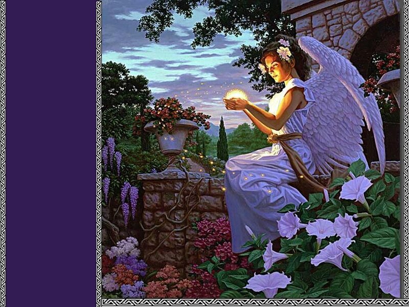 Angel in a garden at dusk