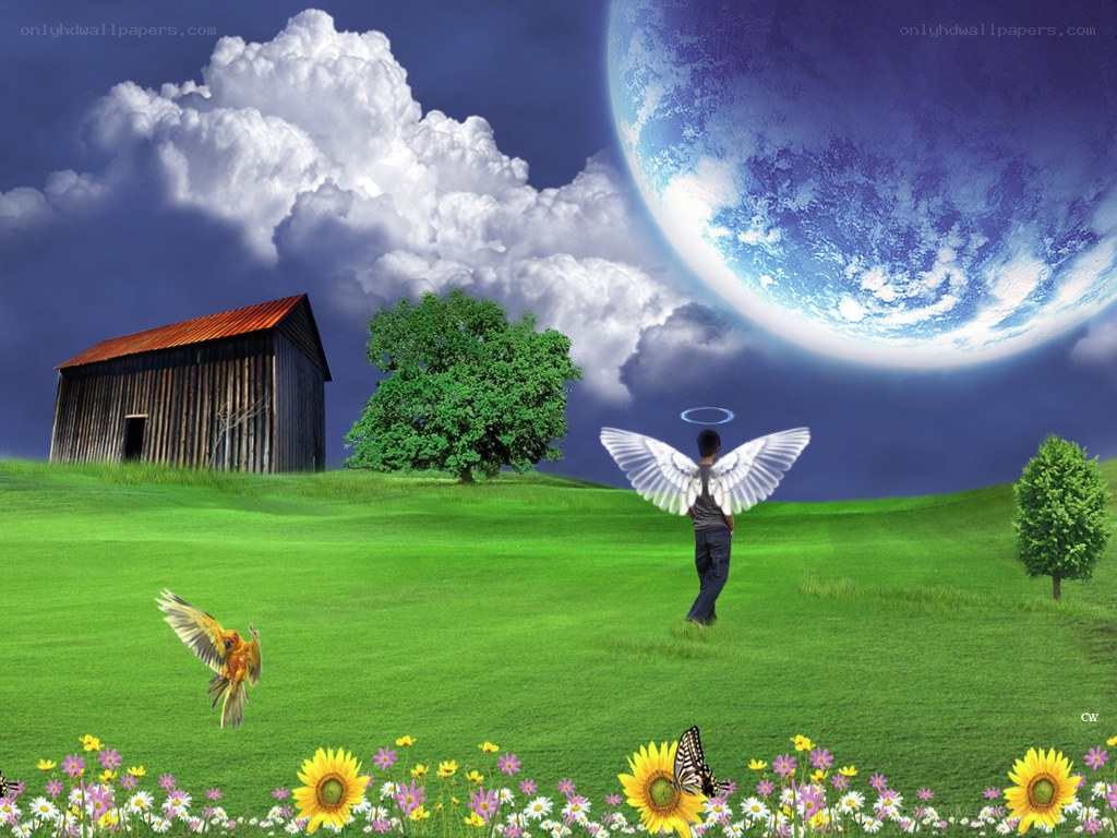 Angel in a green field
