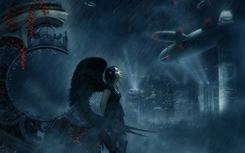 angel in a rainy city