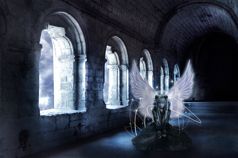 Angel in a stone corridor