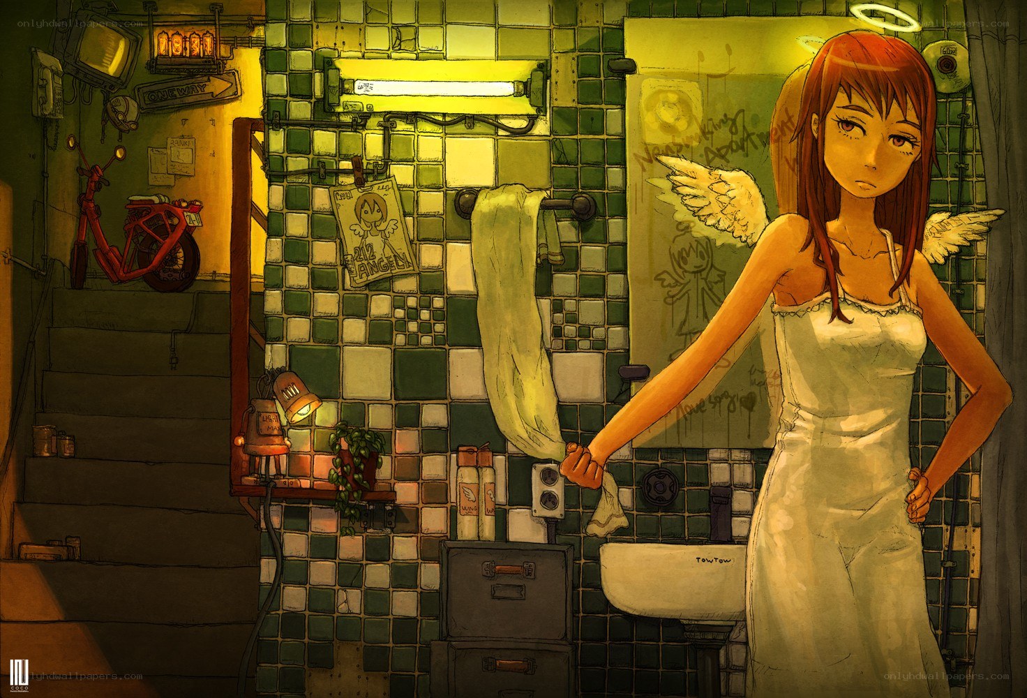 angel in a tiled bathroom