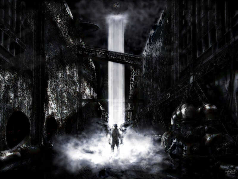 angel in dark corridor