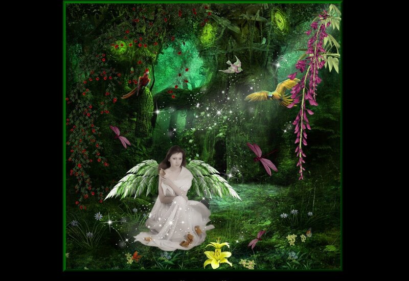 Angel in Forest — Green, Serene, Night, Digital Art