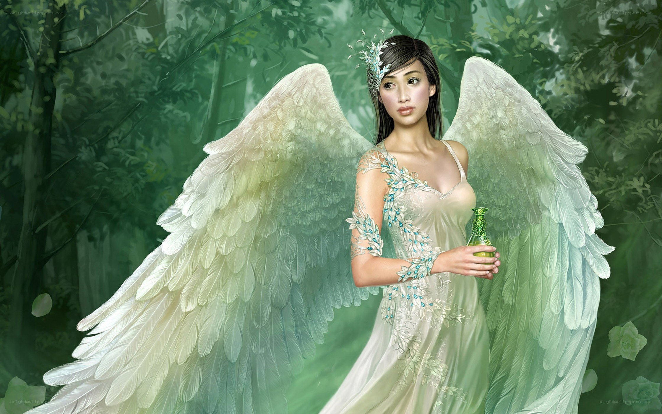 angel in forest holding bottle