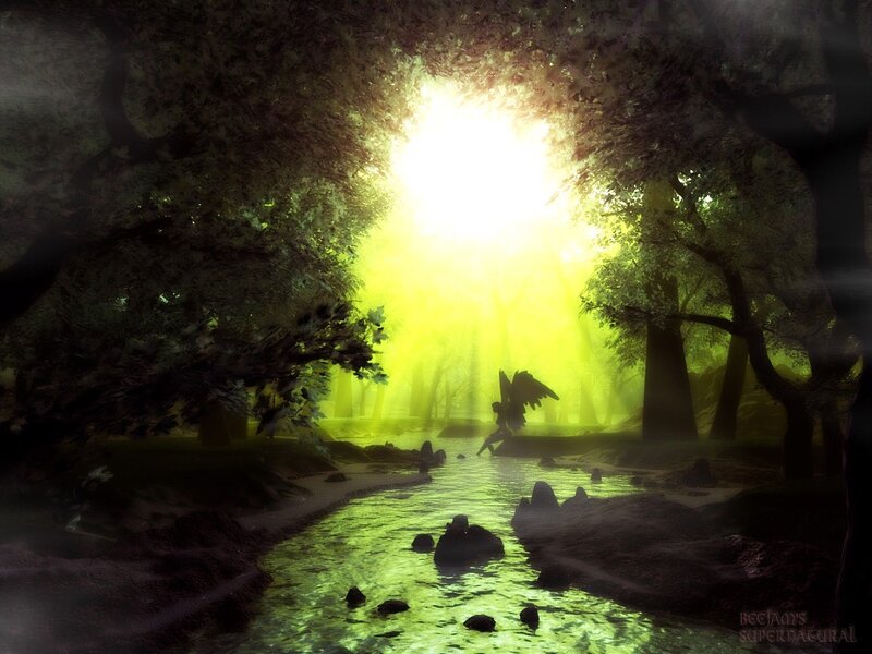 Angel in Forest Stream — Green, Dramatic, Night