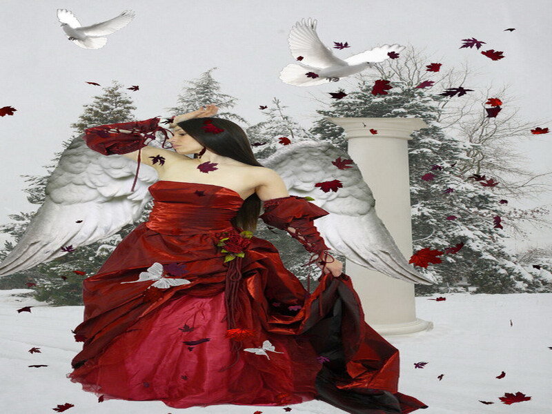 angel in red dress with white wings
